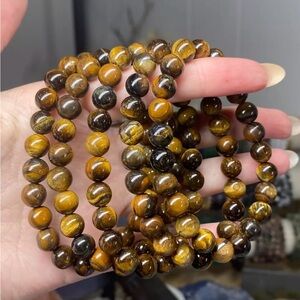 Tiger Eye Beaded Crystal Gemstone Stretch Bracelet - Brown & Gold 8mm 1pc